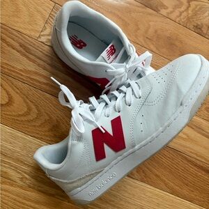New Balance White 80 Sneakers with Red Accents